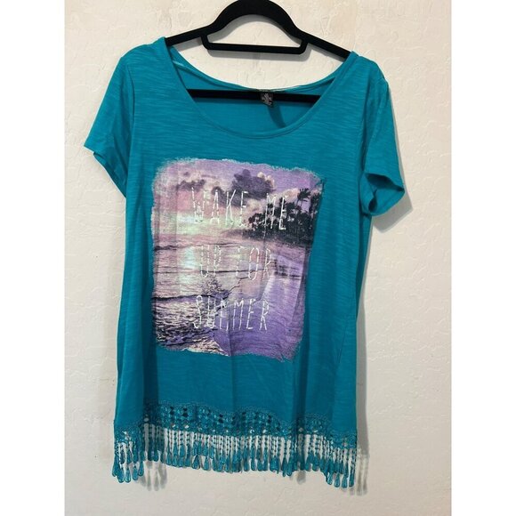 Style & Co Turquoise Sz M Fringe Detail Cover Up T Shirt Wake Me Up For Summer - Picture 1 of 8